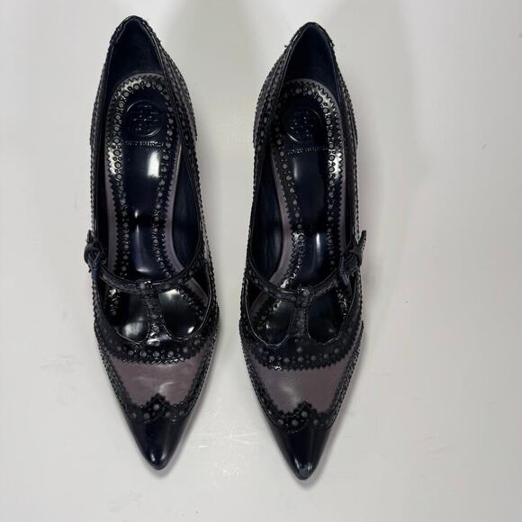 Tory Burch Everly High Heel Pumps Wingtip Design T-Strap Blue Purple Women 8 - Picture 3 of 8